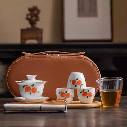 White porcelain hand-painted travel tea set