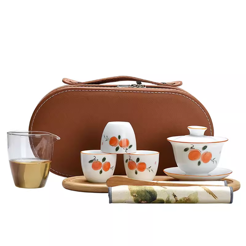 White porcelain hand-painted travel tea set