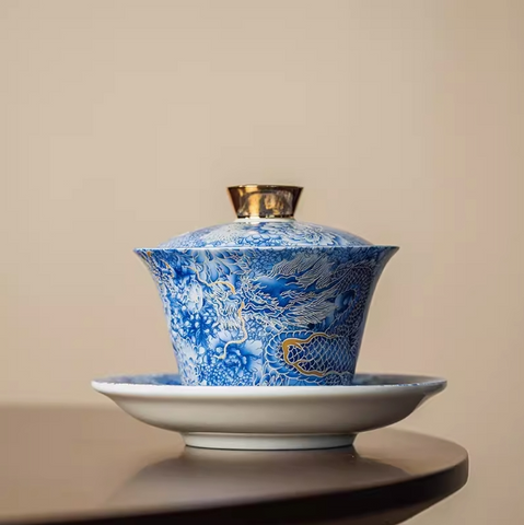 Full flower dragon patterned lid bowl hovering, tea bowl rotating